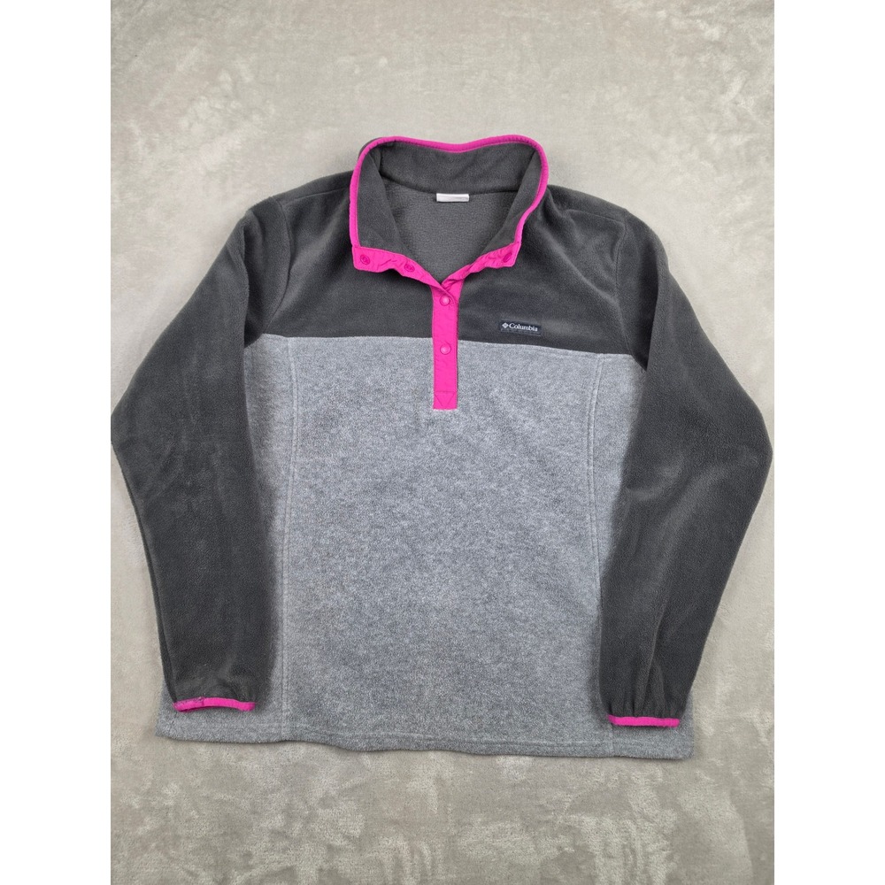 Columbia Fleece Pullover Sweater Women XXL Gray Pink Snap Neck Outdoor